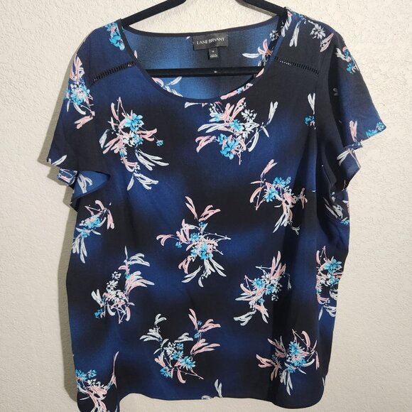 Lane Bryant Womens Navy Floral Short Sleeve Blouse Size 18 Polyester Lightweight - Picture 2 of 16
